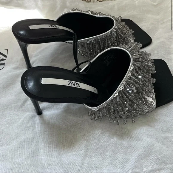 NWT Zara Party Sandals Heels Size 7.5 Open Toe Beaded Sparkly Slip On Sandals - Picture 3 of 11